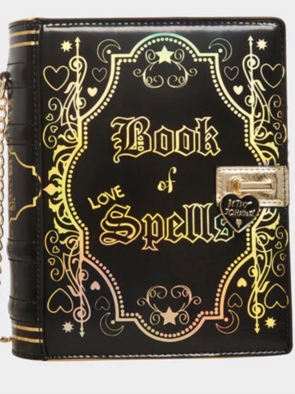Rare Betsey Johnson Kitsch Book of Spells Crossbody Bag Black Gold Chain Gothic